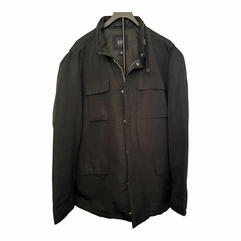 GAP Men XXL Black Utility Field Jacket Packable Hood Quilted Lined Full Zip Coat